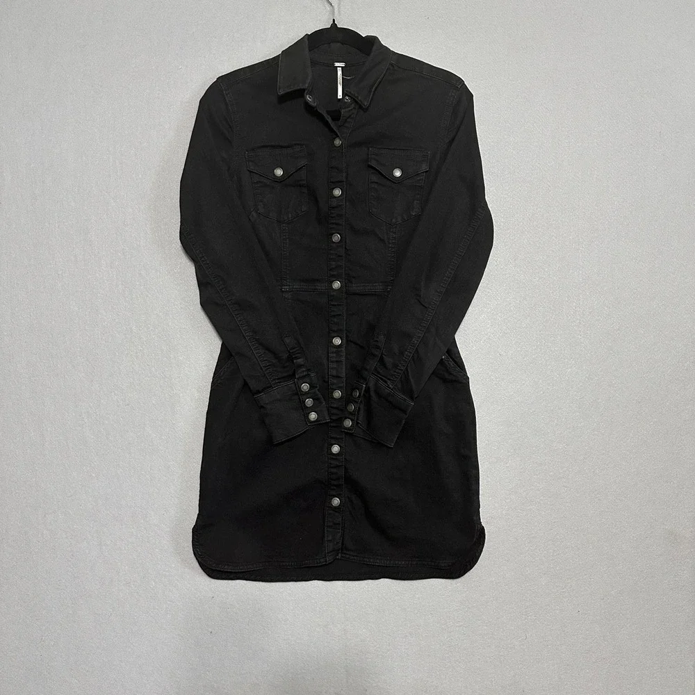 Free People Black Denim Button Down Mini Dress Long Sleeve Size M